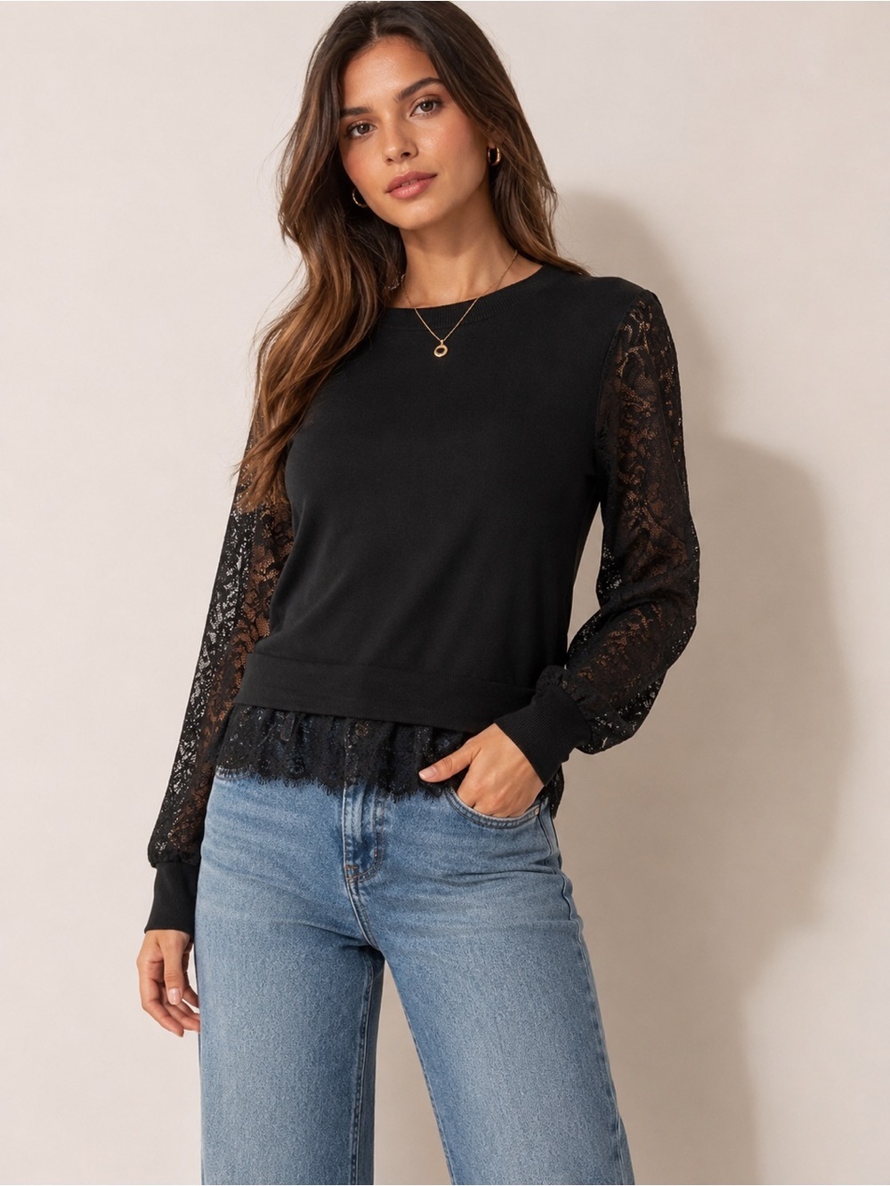 Express Black Lace Trim Sweater Top Lace Long Sleeves Women’s XS